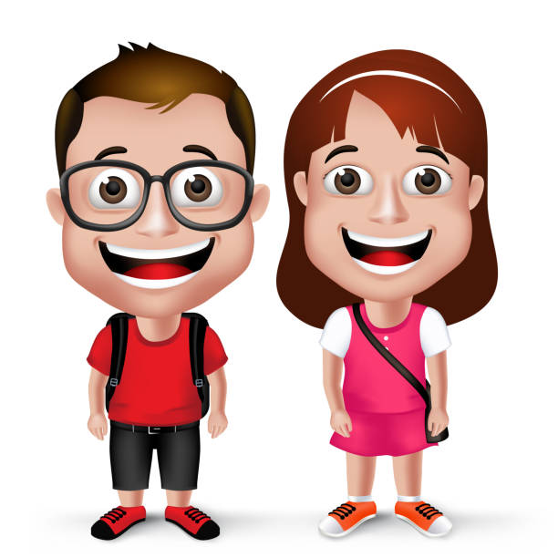 3D Realistic Kids School Boy and Girl Student Wearing Casual 3D Realistic Kids School Boy and Girl Student Wearing Casual with Backpack and Eyeglass Isolated in White Background. Vector Illustration boy getting dressed for school stock illustrations