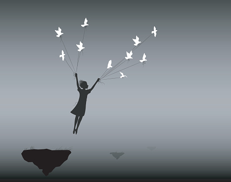girl is flying rock and holding pigeons on flying rock , fly in the dream, shadows, life on flying rock, silhouette.