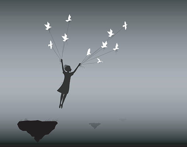 in dream girl is flying rock and holding pigeons on flying rock , fly in the dream, shadows, life on flying rock, silhouette. nostalgia illustrations stock illustrations