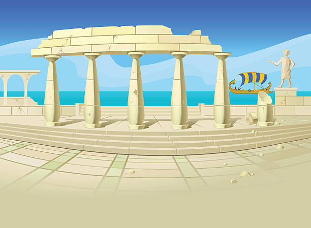 Ruins of an ancient city.Postcard.Poster. Backgorund. Vector illustration of ruins of an ancient city, with an old-time sailing ship, a blue sea and sky in the background. Empty space leaves room for design elements or text. greek amphitheater stock illustrations