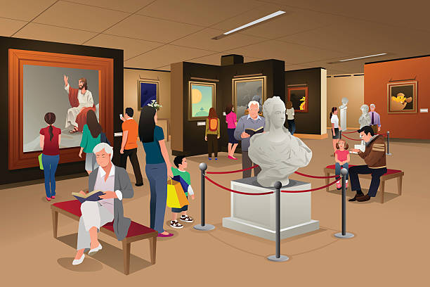 ilustrações de stock, clip art, desenhos animados e ícones de pessoas no interior de uma galeria de arte - museum child art museum art