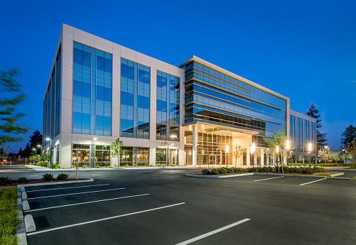 New office building, California, shot at dusk.