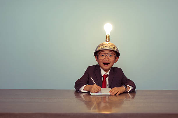 istock Surprised Japanese Business Boy Wearing Lit Up Thinking Cap 483057490