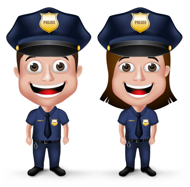 3D Realistic Friendly Police Characters Policeman and Policewoman 3D Realistic Friendly Police Characters Policeman and Policewoman in Uniform for Security Isolated in White Background. Vector Illustration shooting guard stock illustrations