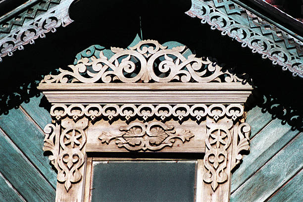 Fragment window of the old Russian house nineteenth century. stock photo