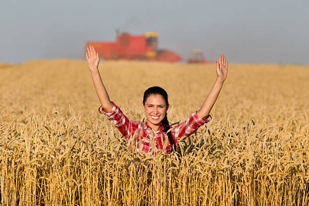 Happy young woman standing in golden wheat field during harvest