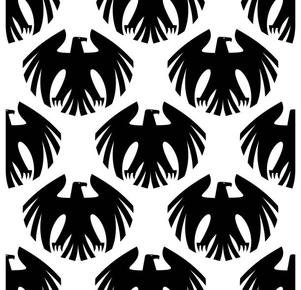 Black heraldic eagles seamless pattern Black and white seamless pattern of eagles with raised wings and turned heads, for any design bird wings top view stock illustrations