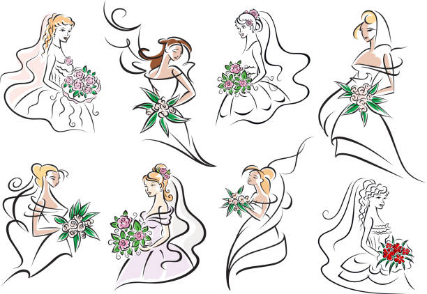 Brides and bridesmaids in wedding dresses Pretty brides and bridesmaids in white dresses with elegant hairstyles, colorful bouquets in hands. For wedding or marriage ceremony design silhouette of a prom dress sketches stock illustrations