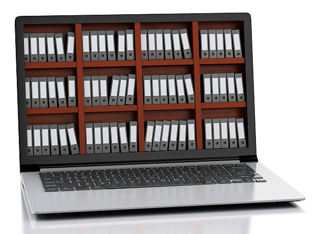 istock 3d Laptop and files. isolated white background 483064320