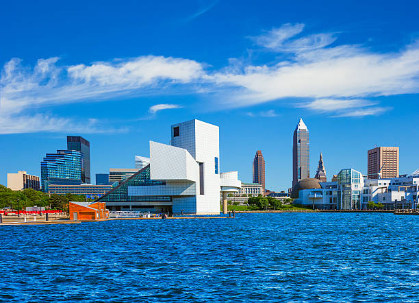 Downtown Cleveland skyline,lake Erie,OH (P) Lake Erie waterfront fills the foreground leading back to the main architectural skyline of Cleveland, Ohio terminal tower stock pictures, royalty-free photos & images