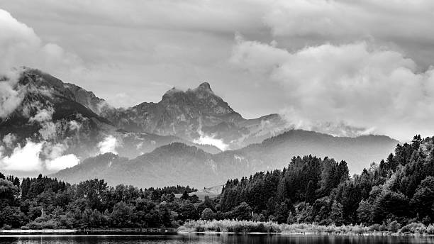 lake forggen and alps black & white landscape from lake forggen over allgaeu woods to some alp mountains forggensee lake photos stock pictures, royalty-free photos & images
