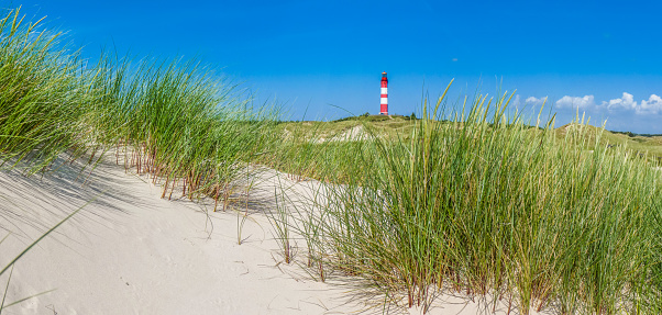 Beautiful dune landscape with traditional lighthouse on the island of Amrum at North Sea, Schleswig-Holstein, Germany.