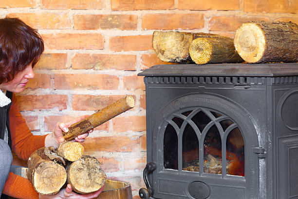 istock Woman putting some more wood on fireplace. Heating. 483076295