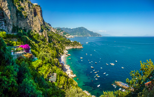 Panoramic view of famous Amalfi Coast with beautiful Gulf of Salerno, Campania, Italy