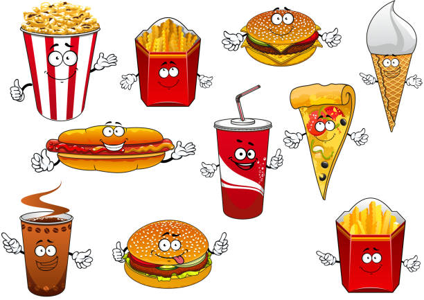 fastfood abd kuchni na wynos kreskówka znaków - take out food white background isolated on white american cuisine stock illustrations