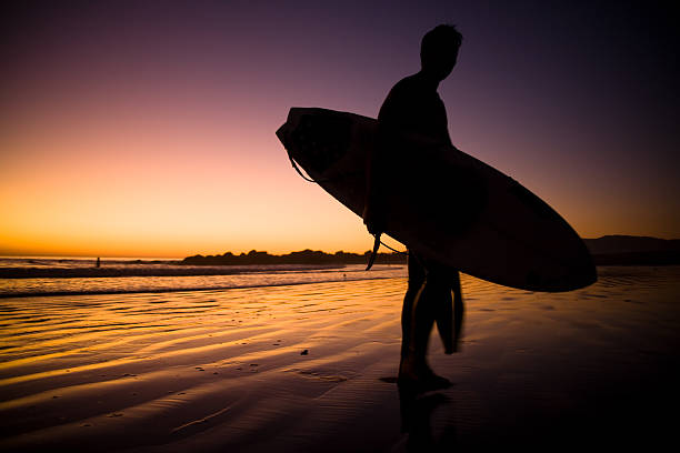 lone surfer am strand - santa monica surfing beach city of los angeles stock-fotos und bilder