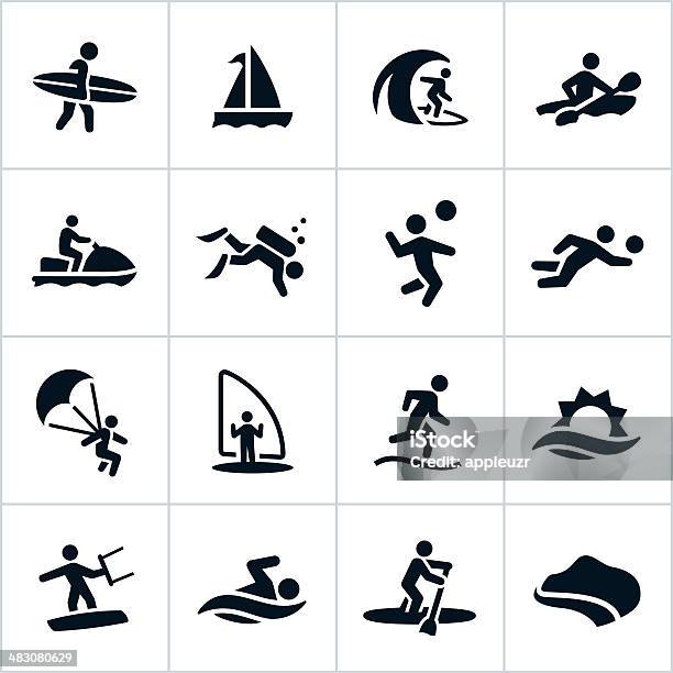 Ilustración de Playa De Recreación Iconos Negro y más Vectores Libres de Derechos de Ícono - Ícono, Paddleboard, Surf