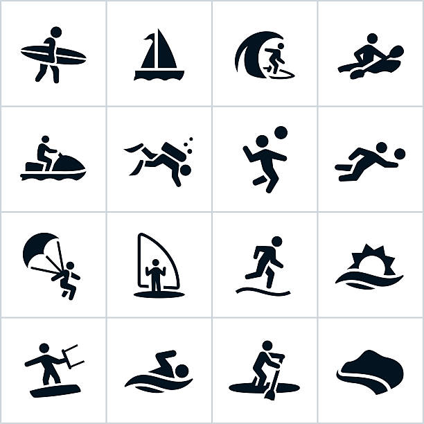 illustrations, cliparts, dessins animés et icônes de loisirs icônes de plage noir - kayaking kayak sea coastline