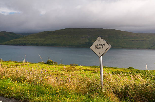 istock Scottish landscape with passing place road sign 483080995
