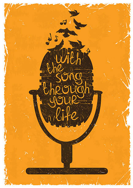 Retro musical illustration with silhouette of microphone. Hand drawn retro musical illustration with silhouette of microphone. Creative typography poster with phrase "With the song through your life". microphone silhouettes stock illustrations