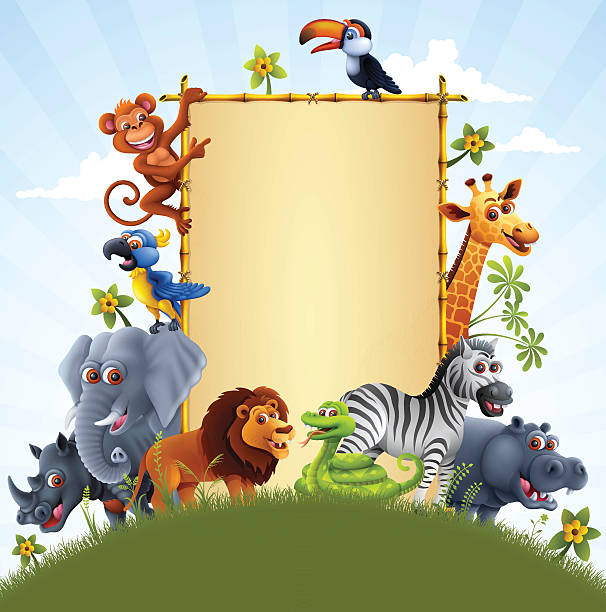 ilustraciones, imágenes clip art, dibujos animados e iconos de stock de animales de la selva con signo de bambú - zoo animal safari giraffe