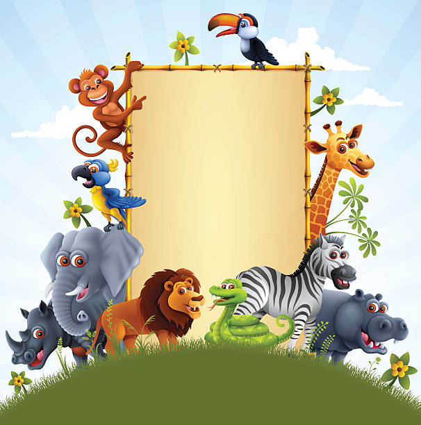 작은 동물과 대나무 팻말 - zoo animal safari giraffe stock illustrations