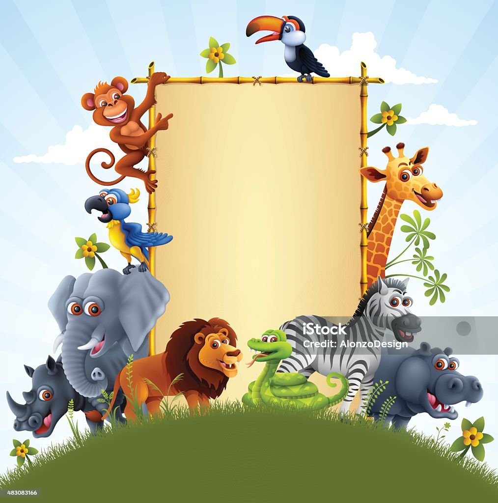 Jungle Animals with Bamboo Sign High Resolution JPG,CS6 AI and Illustrator EPS 10 included. Each element is named,grouped and layered separately. Very easy to edit. Zoo stock vector