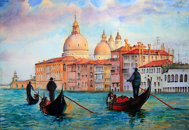 gemälde von venedig, gemalt in aquarell - gondolier stock-grafiken, -clipart, -cartoons und -symbole