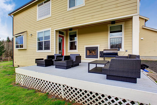 istock Lovely furnished back deck with fireplace. 483083958