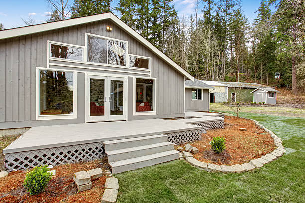 istock Lovely back yard with porch, and grass. 483087416