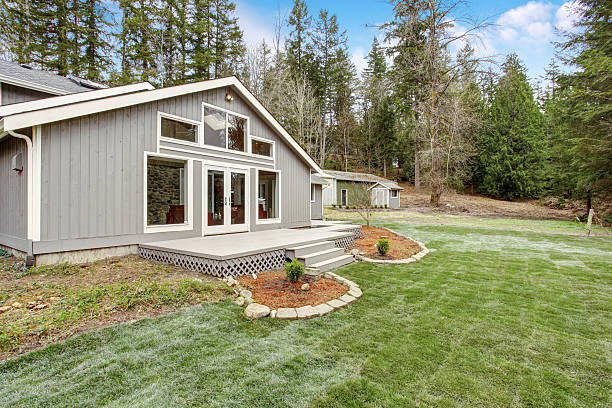 istock Lovely back yard with porch, and grass. 483087418