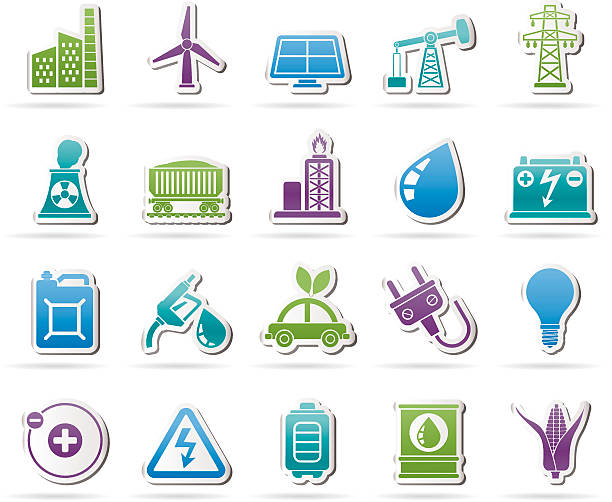 illustrazioni stock, clip art, cartoni animati e icone di tendenza di potenza, energia ed elettricità icone di origine - diesel factory water sun