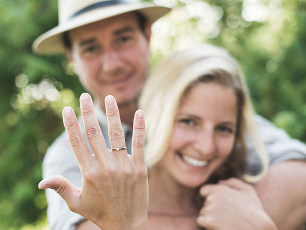 istock Engaged couple, blonde woman showing ring 483092332