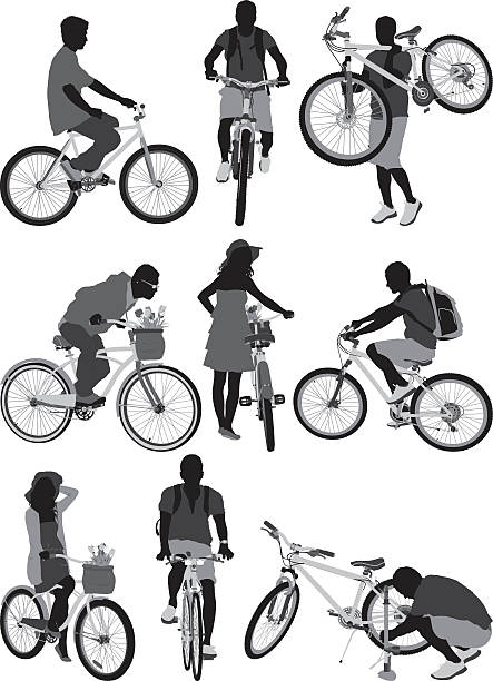ilustraciones, imágenes clip art, dibujos animados e iconos de stock de personas con las bicicletas - mujer agachada perfil