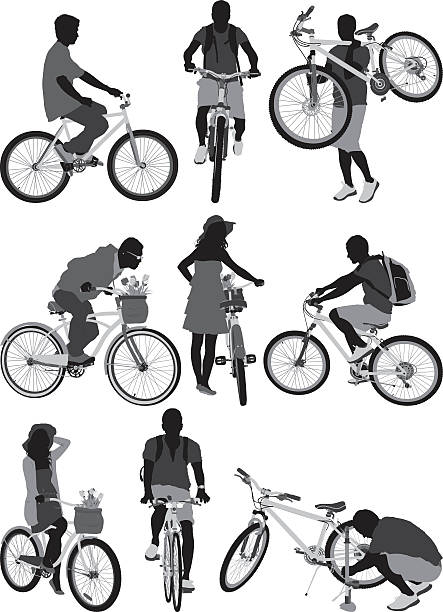 People with bicycles People with bicycleshttp://www.twodozendesign.info/i/1.png female mountain biker silhouette stock illustrations