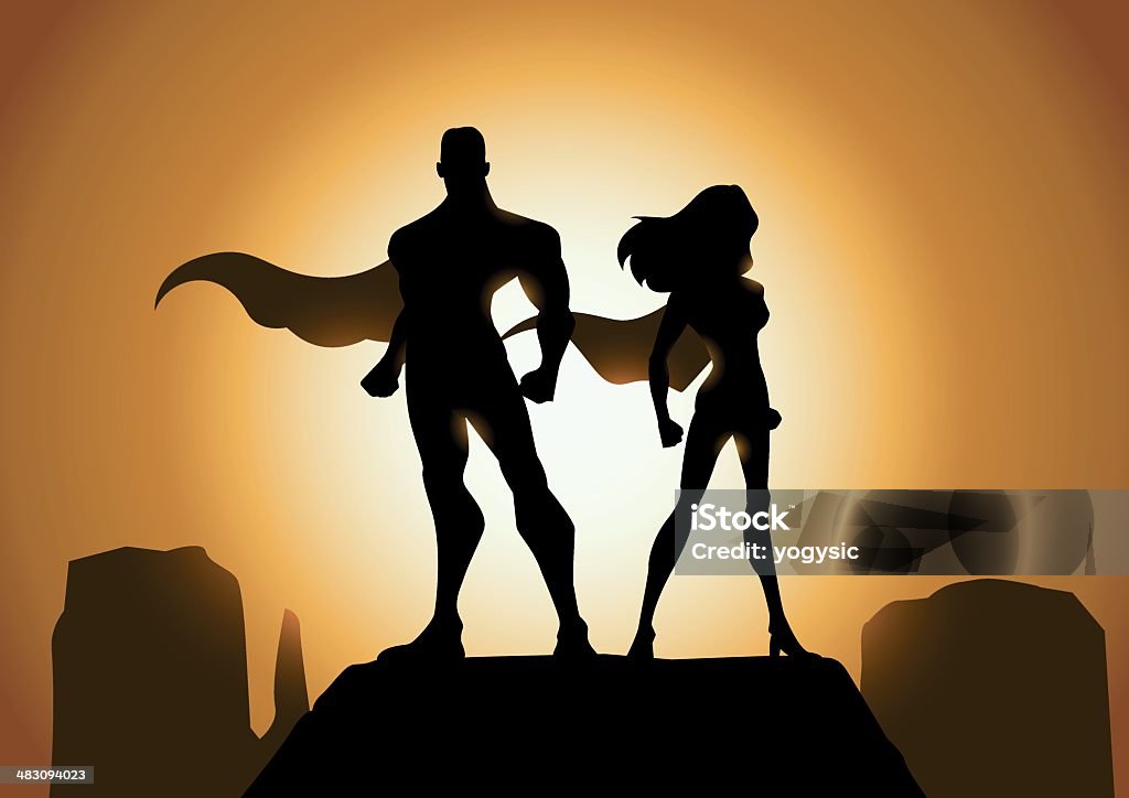Superhéroe pareja en silueta - arte vectorial de Superhéroe libre de derechos