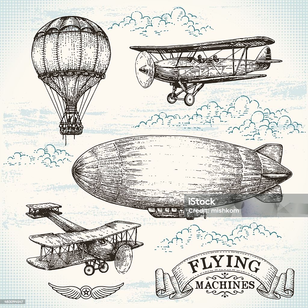 Illustration dessinés à la main vintage machines volantes - clipart vectoriel de D'autrefois libre de droits
