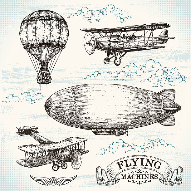 illustrations, cliparts, dessins animés et icônes de illustration dessinés à la main vintage machines volantes - airplane biplane retro revival old fashioned