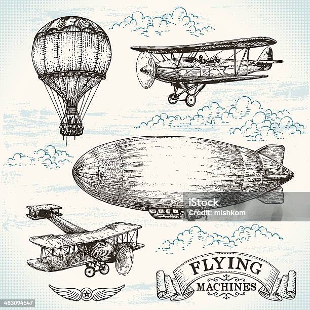 Wektor Ręcznie Rysowane Vintage Maszyn Latający - Stockowe grafiki wektorowe i więcej obrazów Balon na ogrzane powietrze - Balon na ogrzane powietrze, Staromodny, Powrót do retro