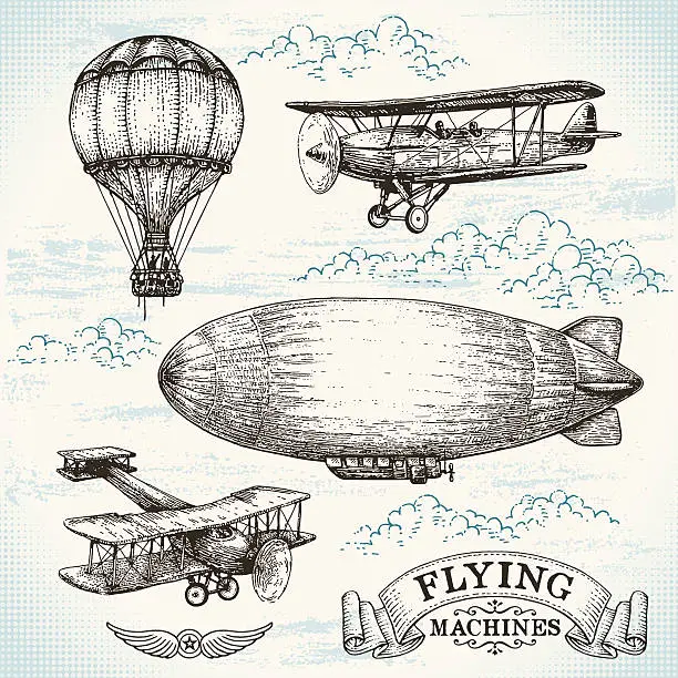 Vector illustration of Vector hand-drawn vintage flying machines