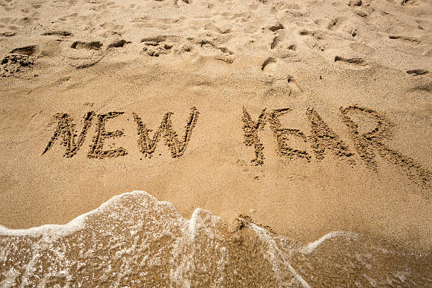istock New Year written on sand and being washed by waves 483096380
