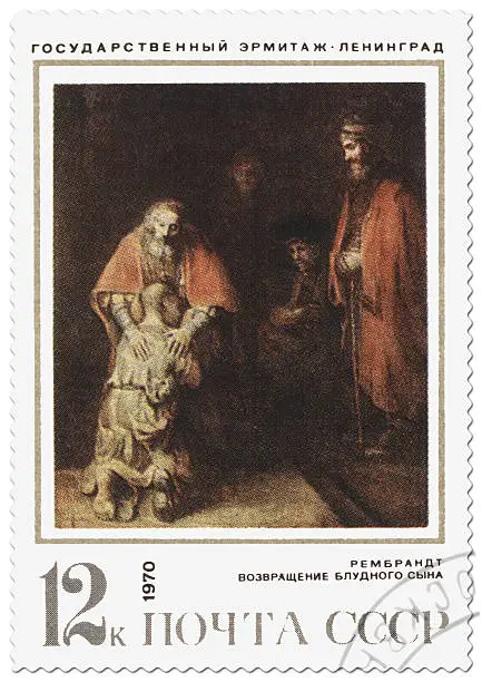 USSR - CIRCA 1970: A stamp printed in USSR shows image of a Return of the Prodigal Son by Rembrandt with the inscription "USSR. Rembrandt. Return of the Prodigal Son", series, circa 1970