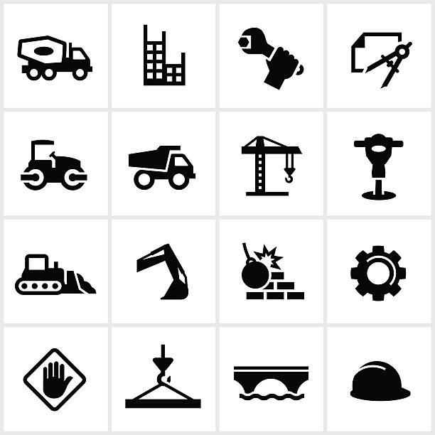 ilustraciones, imágenes clip art, dibujos animados e iconos de stock de iconos de construcción pesada - drawing compass blueprint architecture plan