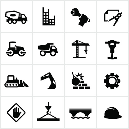 Black heavy construction icons including a cement truck, dump truck, crane, bulldozer, and other heavy equipment related tools and machinery.