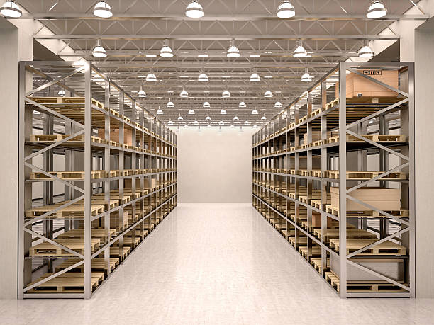 istock 3d illustration of rows of shelves with boxes in modern warehouse 483099288