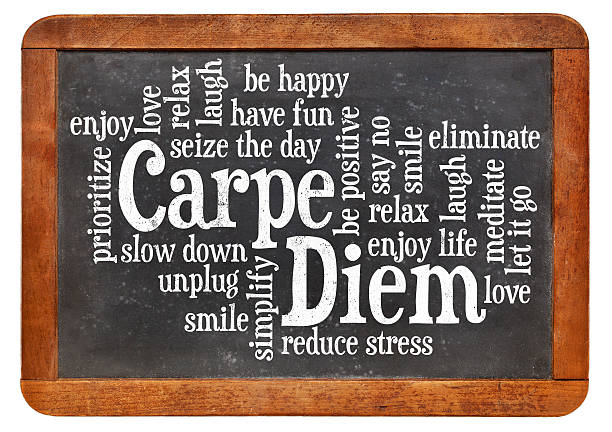 Carpe Diem word cloud on a vintage blackboard isolated on white