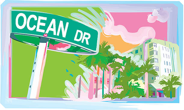 Ocean Drive Watercolor style pastel vector of the famous Miami Beach Street... Ocean Drive. 300 dpi jpg included. miami beach stock illustrations