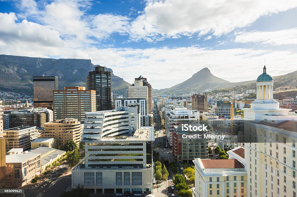 Cape Town City Dowtown Business District South Africa Downtown Cape Town, business district with skyscrapers and highrise buildings, underneath famous Table Mountain at the left and Lion's Head at the right. Cape Town Stock Photo