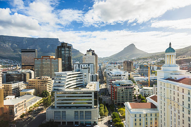 Downtown Cape Town, business district with skyscrapers and highrise buildings, underneath famous Table Mountain at the left and Lion's Head at the right.