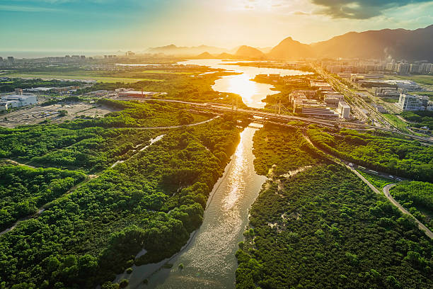 Rio de Janeiro, Barra da Tijuca aerial view with light leak, Brazil